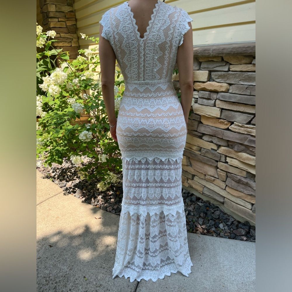 Nightcap by Carisa Rene Antoinette cream/nude lace overlay V-neck maxi dress, 1